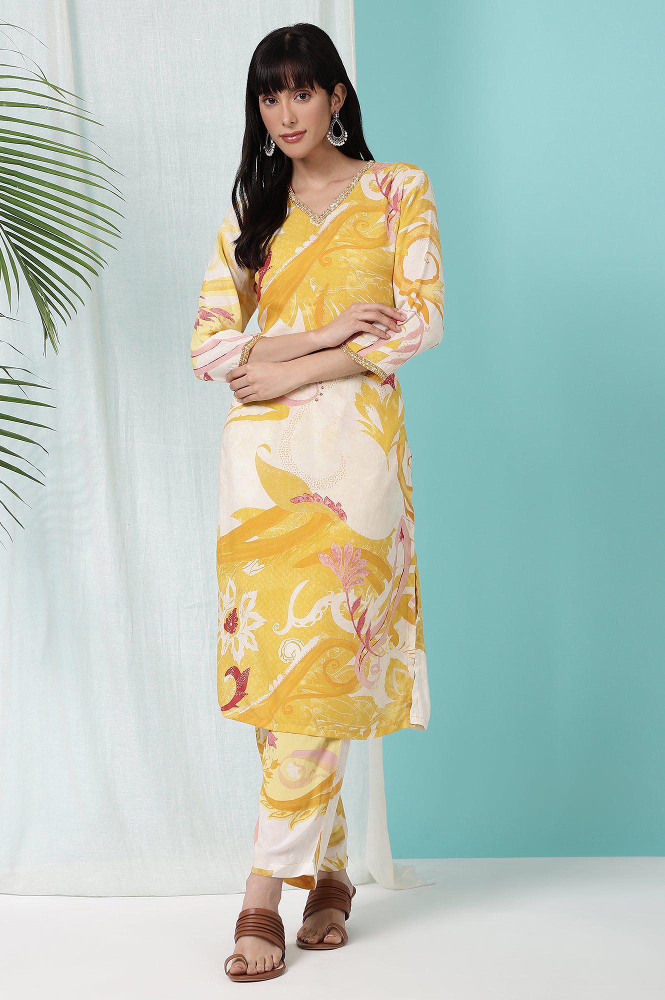 Yellow Bold Floral Printed Modal Straight Kurta and Pants Co-ord Set