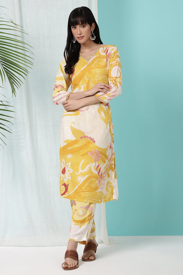 Yellow Bold Floral Printed Modal Straight Kurta and Pants Co-ord Set