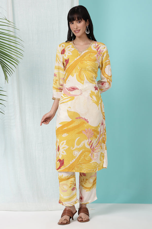 Yellow Bold Floral Printed Modal Straight Kurta and Pants Co-ord Set