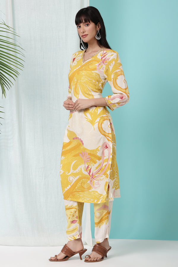 Yellow Bold Floral Printed Modal Straight Kurta and Pants Co-ord Set