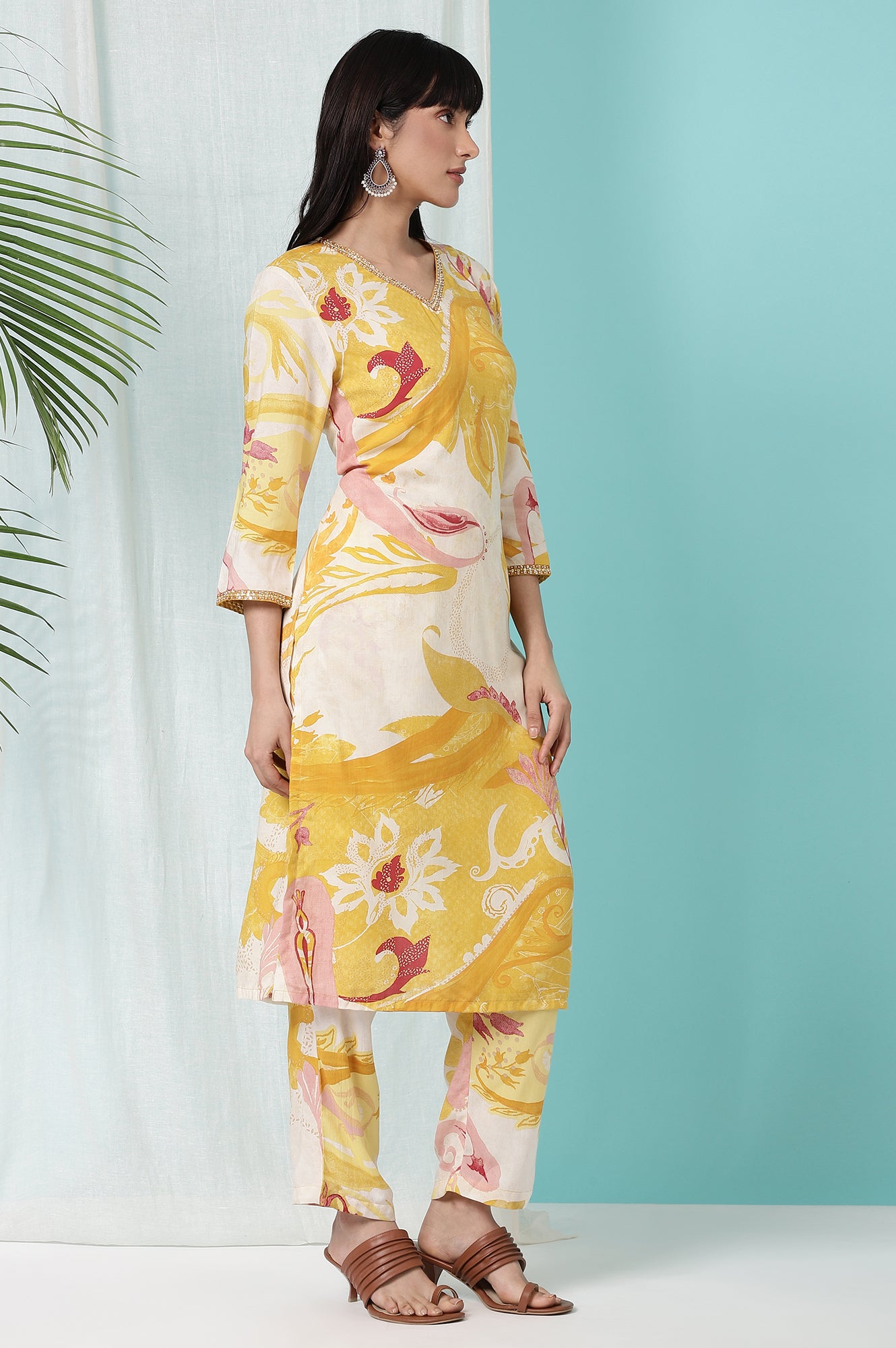 Yellow Bold Floral Printed Modal Straight Kurta and Pants Co-ord Set