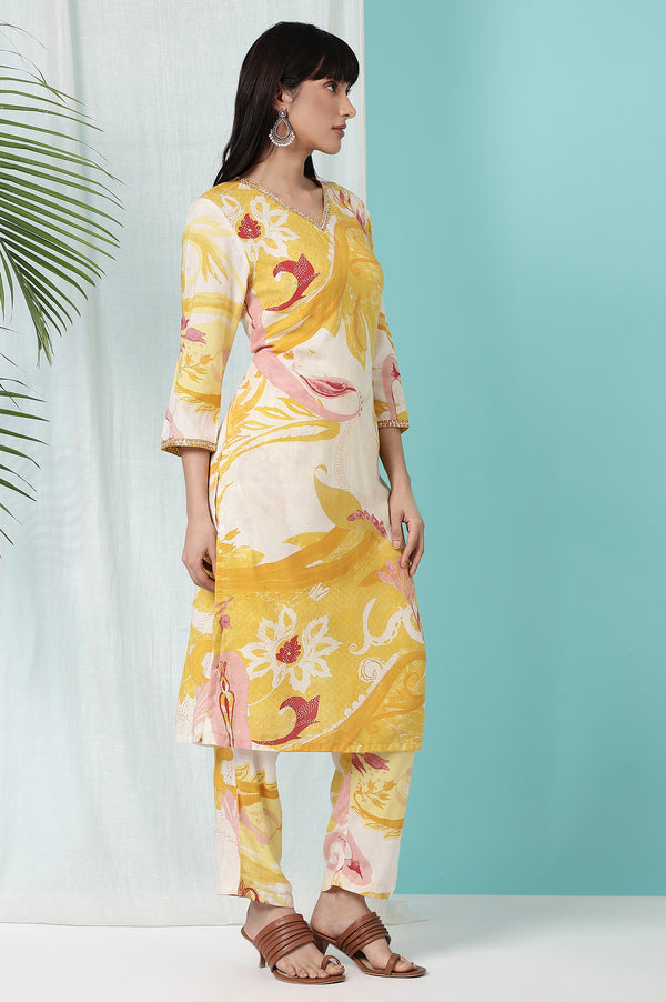 Yellow Bold Floral Printed Modal Straight Kurta and Pants Co-ord Set
