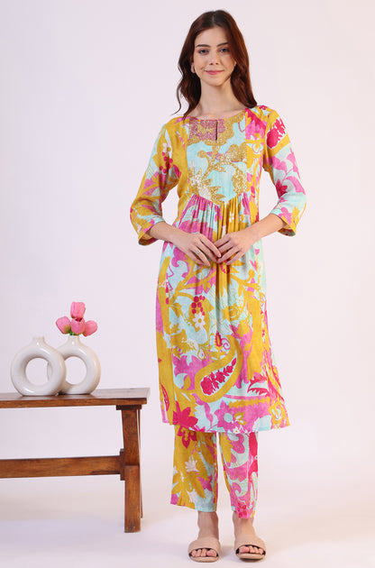 Blue Abstract Printed Sequined Yoke Satin Straight Kurta and Pants Set