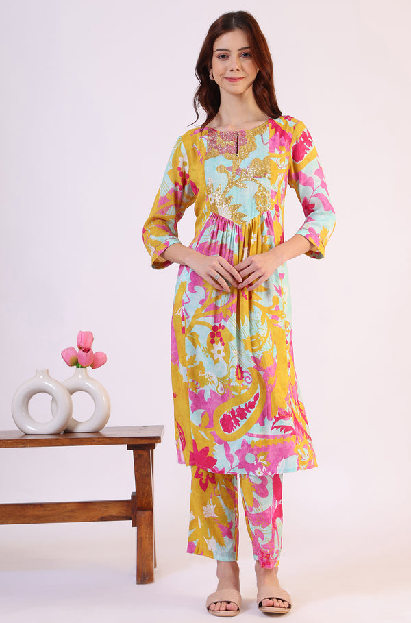 Blue Abstract Printed Sequined Yoke Satin Straight Kurta and Pants Set