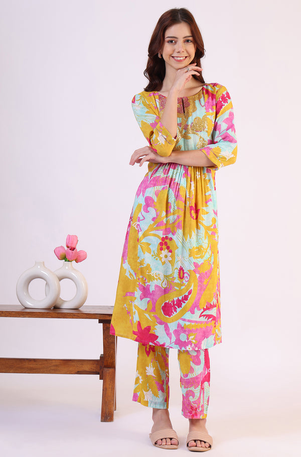 Blue Abstract Printed Sequined Yoke Satin Straight Kurta and Pants Set