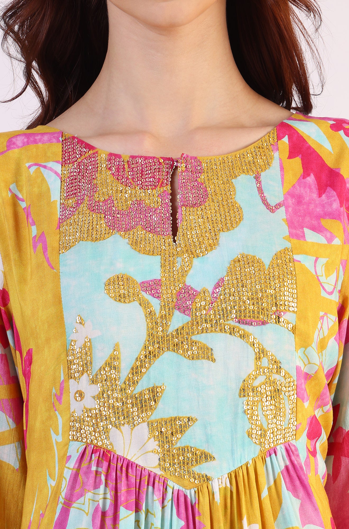 Blue Abstract Printed Sequined Yoke Satin Straight Kurta and Pants Set