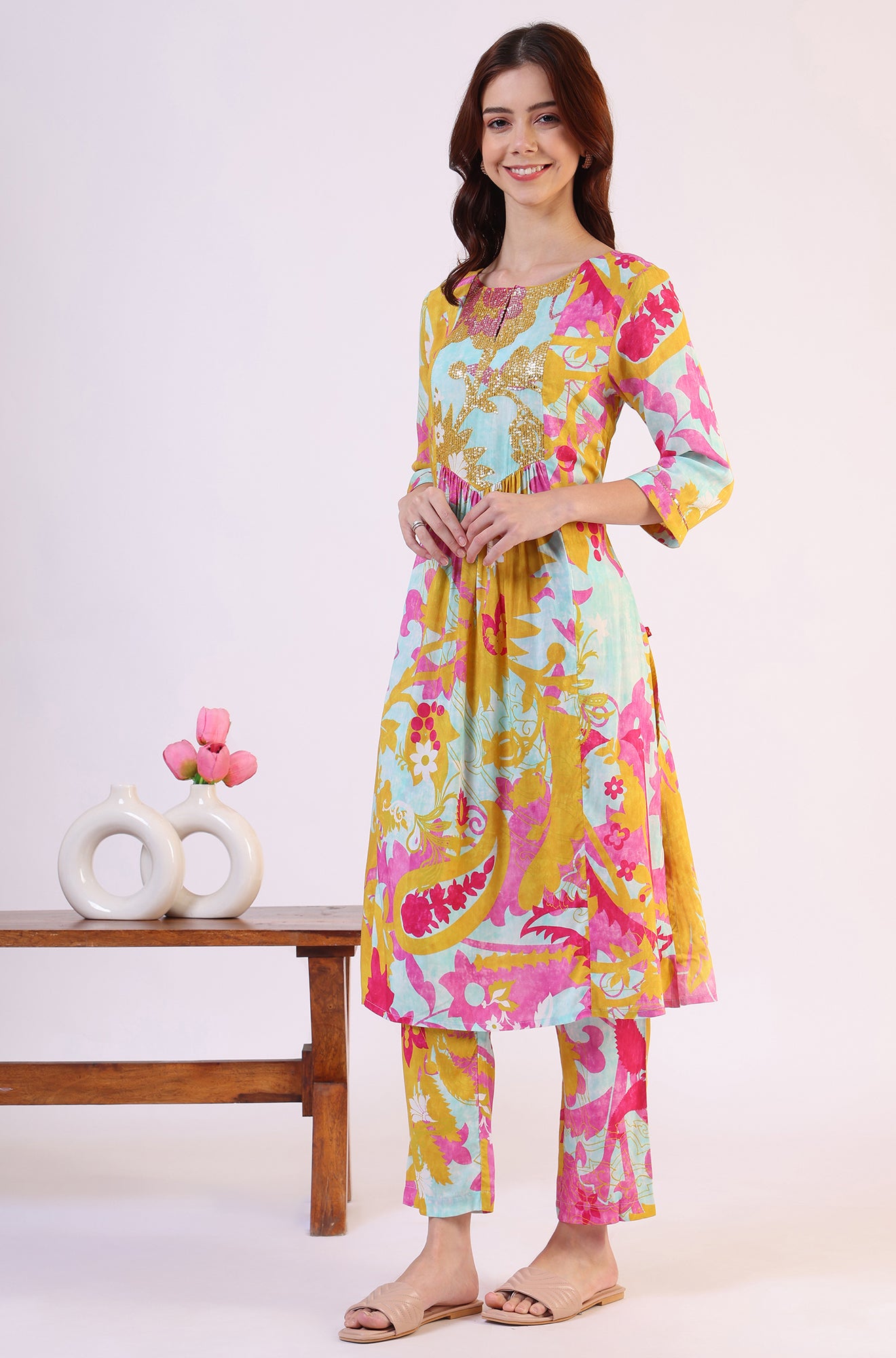 Blue Abstract Printed Sequined Yoke Satin Straight Kurta and Pants Set