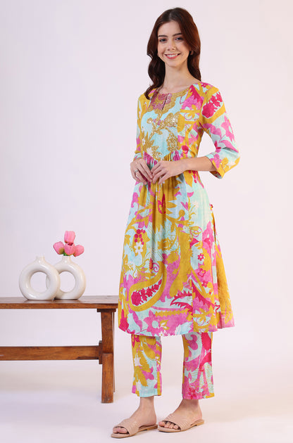 Blue Abstract Printed Sequined Yoke Satin Straight Kurta and Pants Set