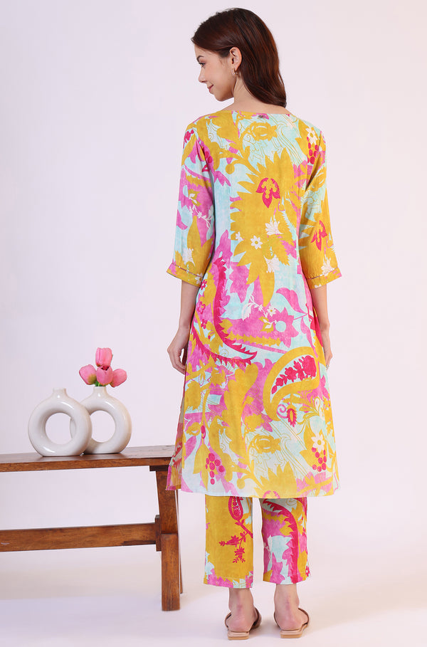 Blue Abstract Printed Sequined Yoke Satin Straight Kurta and Pants Set