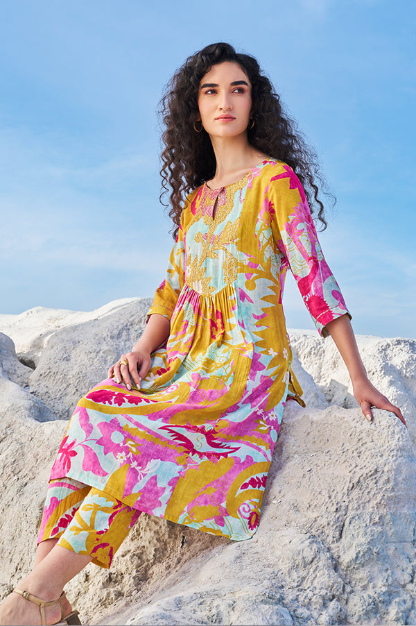 Blue Abstract Printed Sequined Yoke Satin Straight Kurta and Pants Set