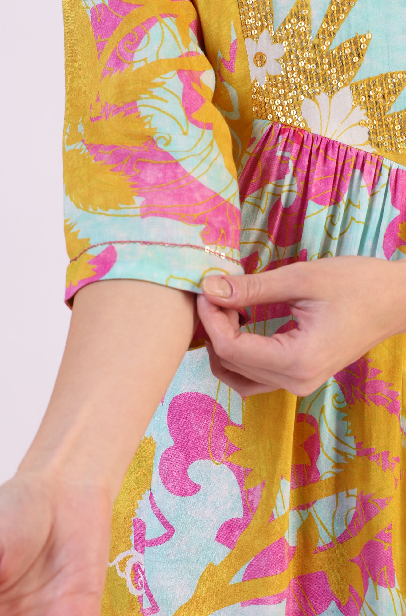 Blue Abstract Printed Sequined Yoke Satin Straight Kurta and Pants Set