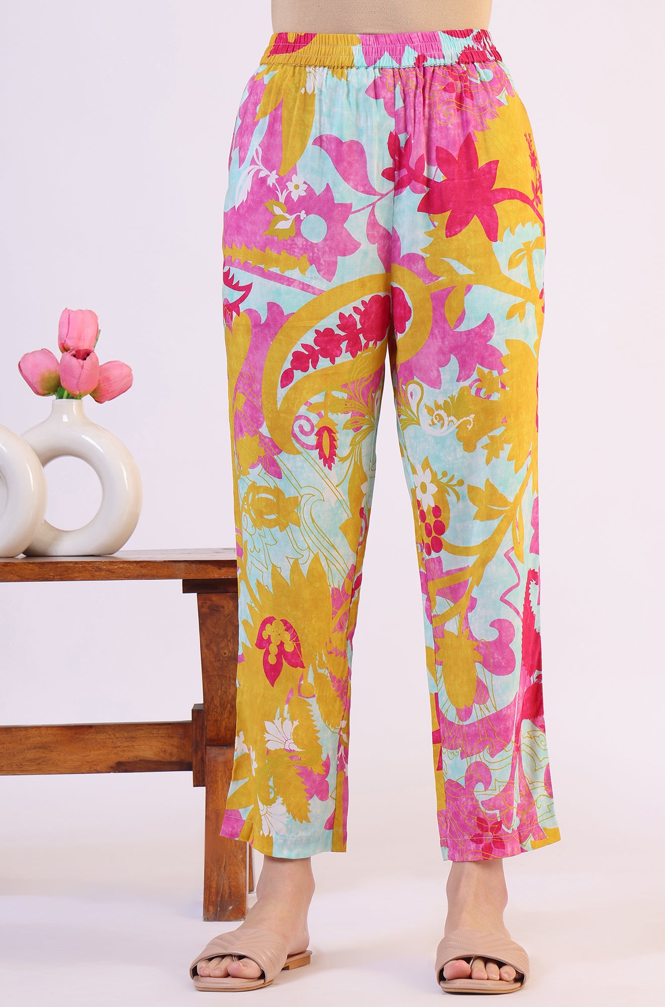 Blue Abstract Printed Sequined Yoke Satin Straight Kurta and Pants Set