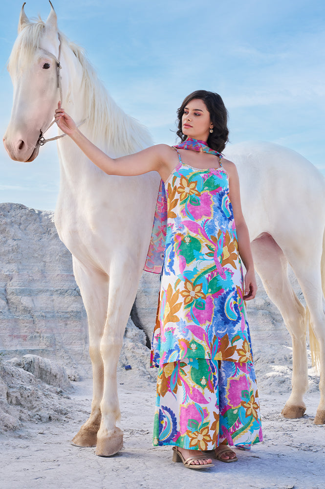 White Abstract Printed Pure Cotton Spaghetti Kurta, Flared Pants and Dupatta Set