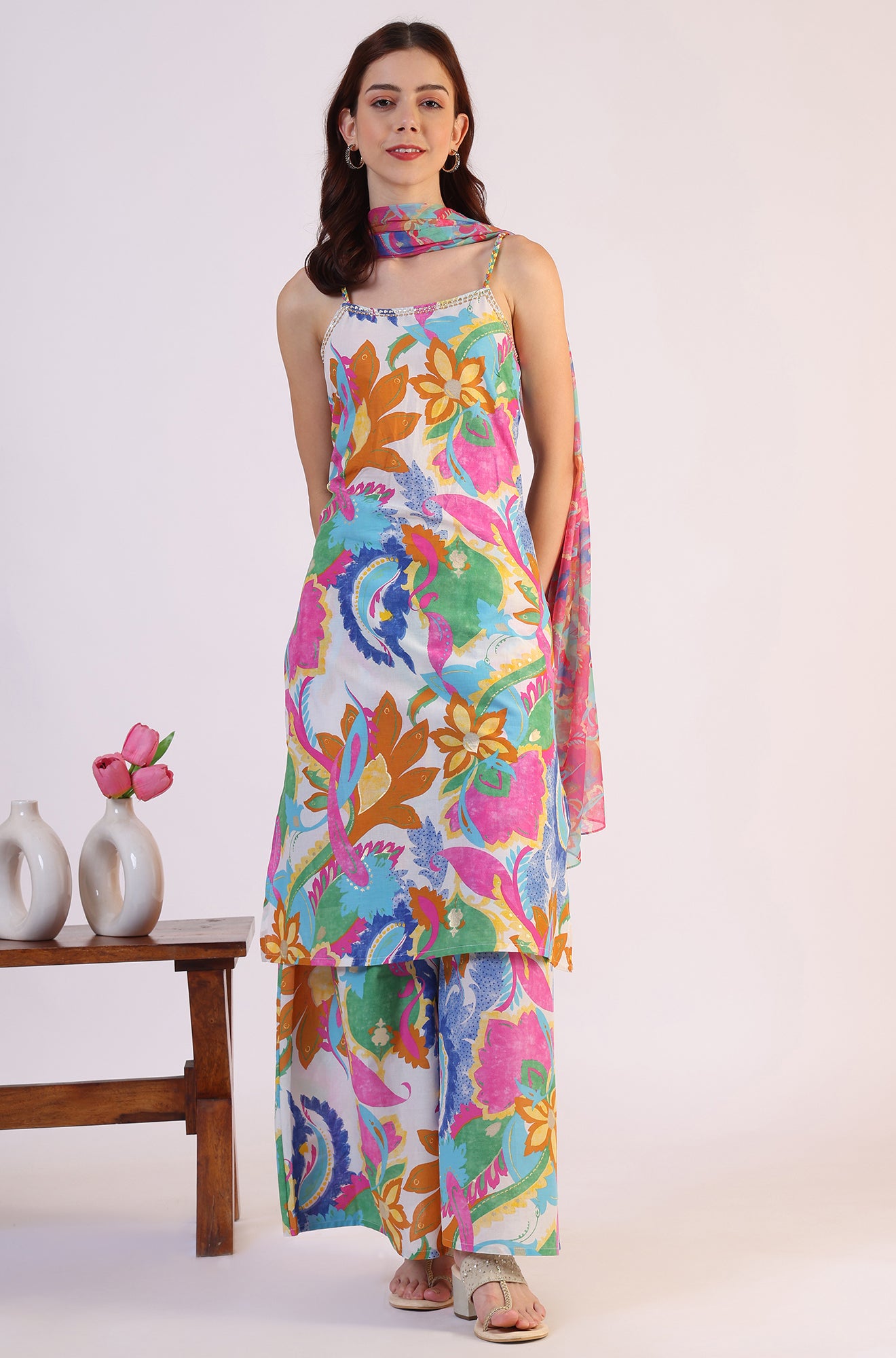 White Abstract Printed Pure Cotton Spaghetti Kurta, Flared Pants and Dupatta Set
