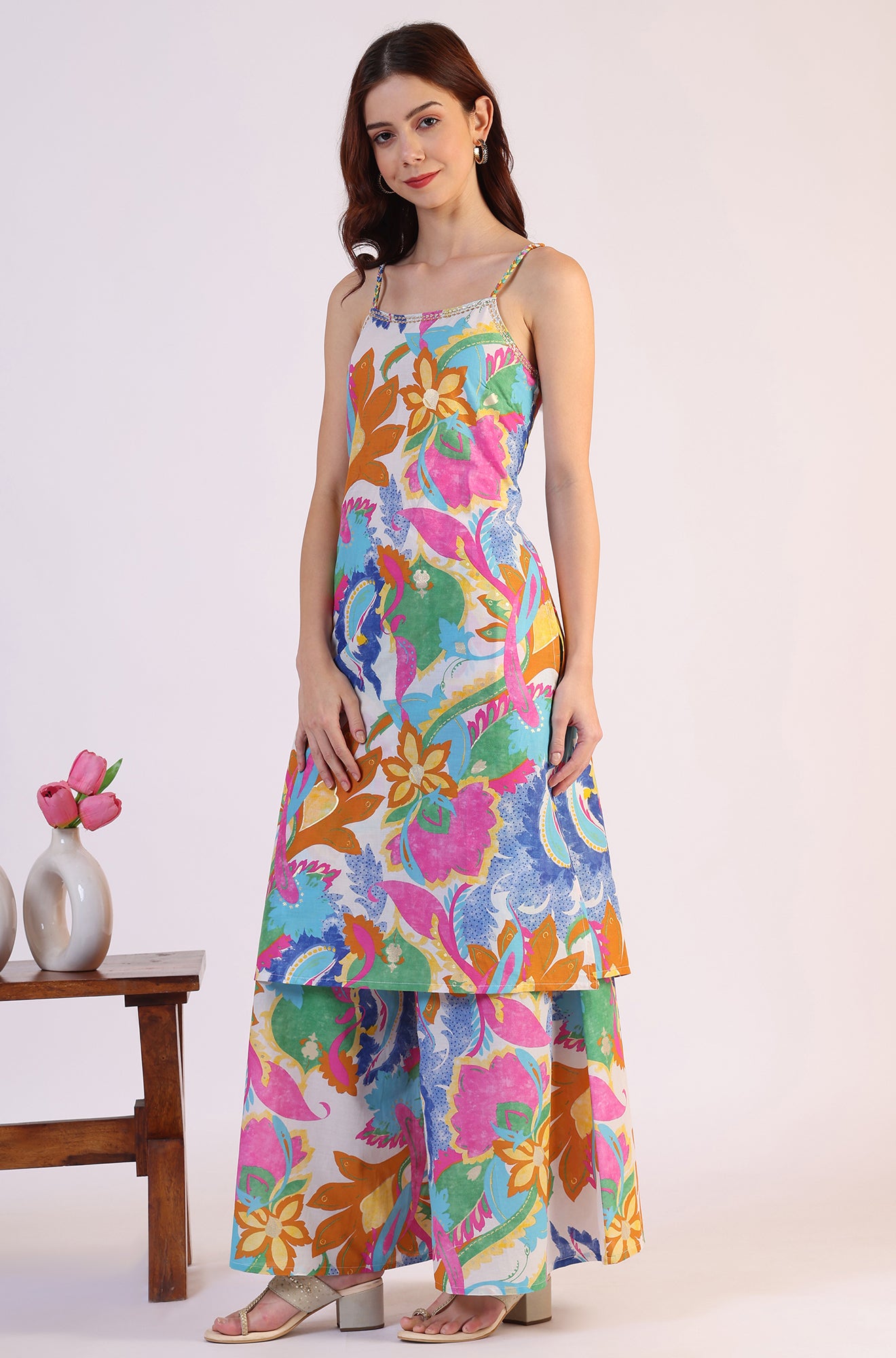 White Abstract Printed Pure Cotton Spaghetti Kurta, Flared Pants and Dupatta Set