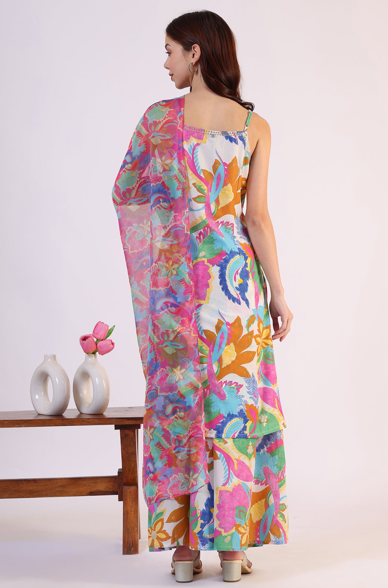 White Abstract Printed Pure Cotton Spaghetti Kurta, Flared Pants and Dupatta Set