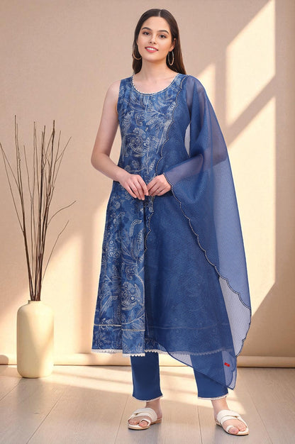 Ink Blue Sleeveless Pure Cotton Anarkali Kurta and Pants Set with Dupatta
