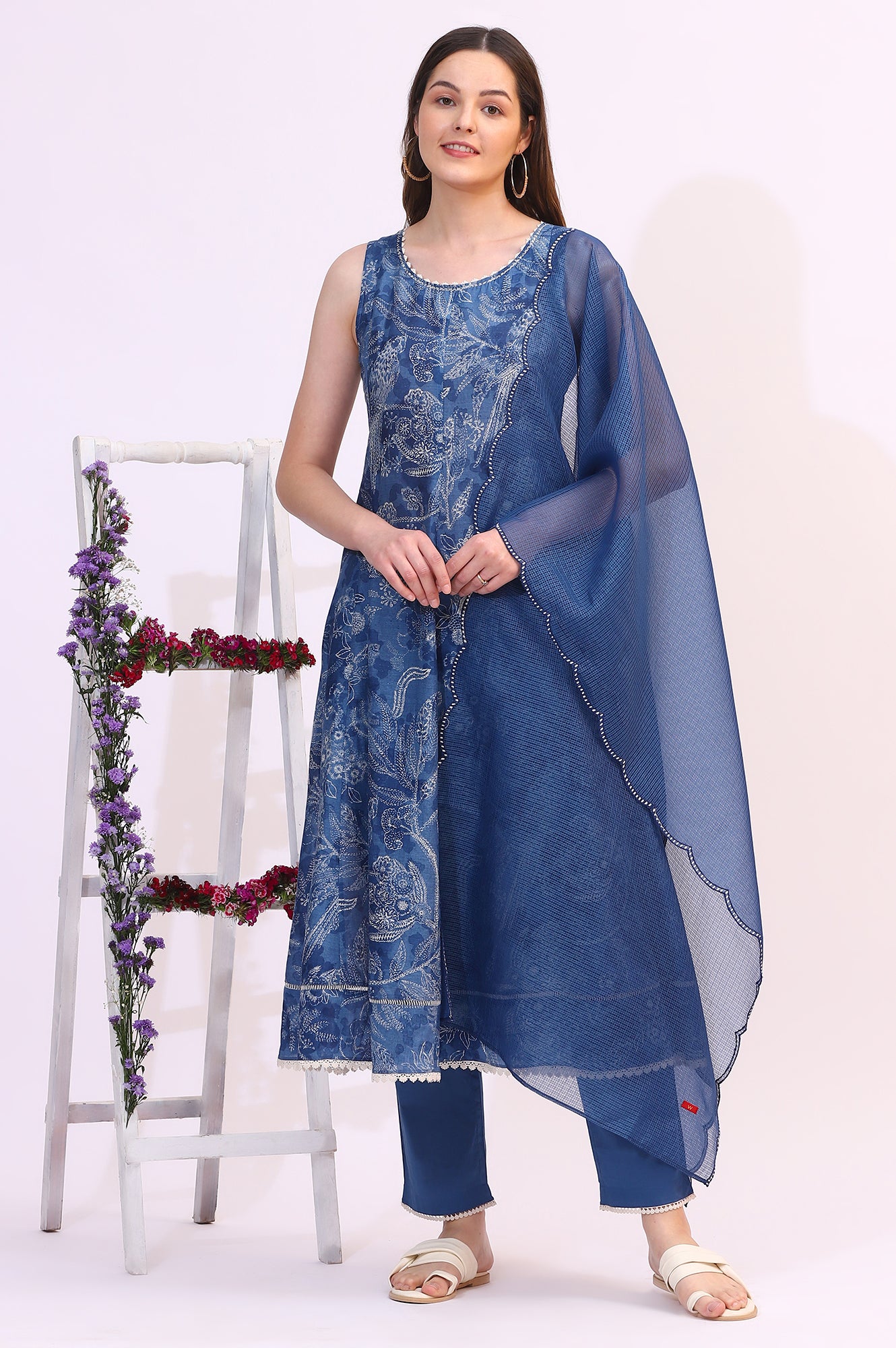 Ink Blue Sleeveless Pure Cotton Anarkali Kurta and Pants Set with Dupatta