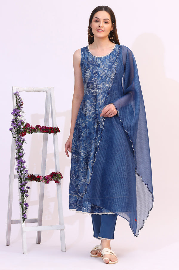 Ink Blue Sleeveless Pure Cotton Anarkali Kurta and Pants Set with Dupatta