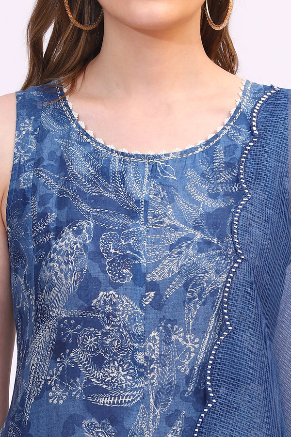 Ink Blue Sleeveless Pure Cotton Anarkali Kurta and Pants Set with Dupatta