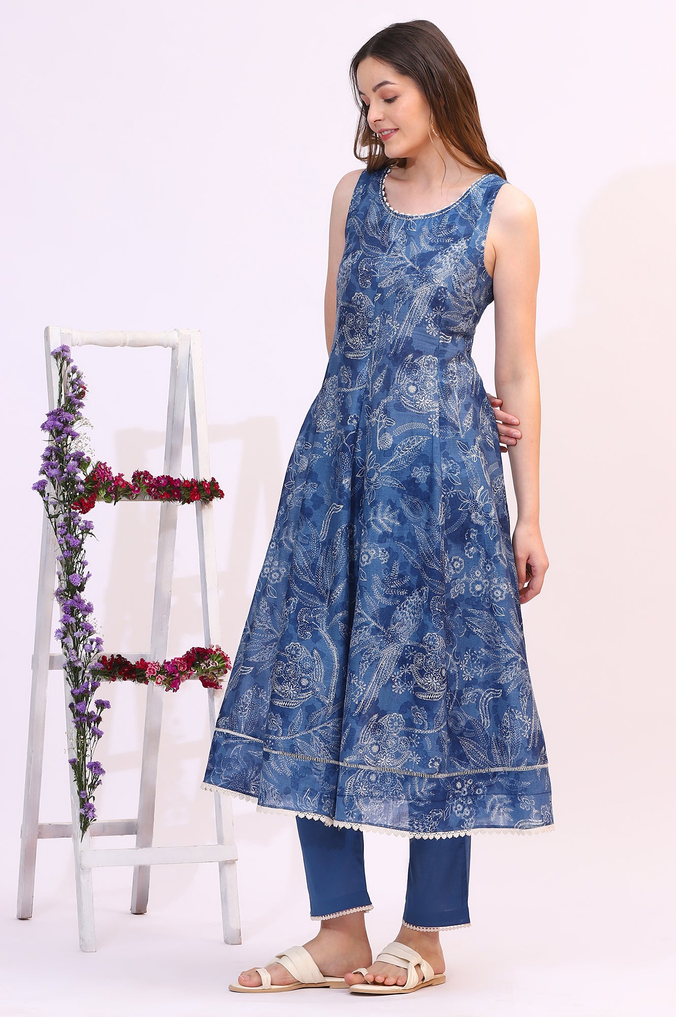 Ink Blue Sleeveless Pure Cotton Anarkali Kurta and Pants Set with Dupatta