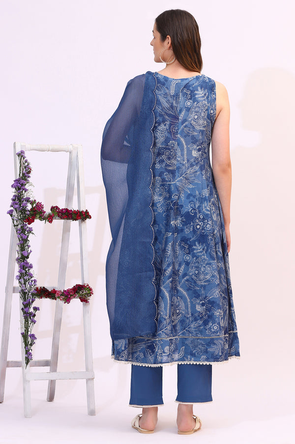 Ink Blue Sleeveless Pure Cotton Anarkali Kurta and Pants Set with Dupatta