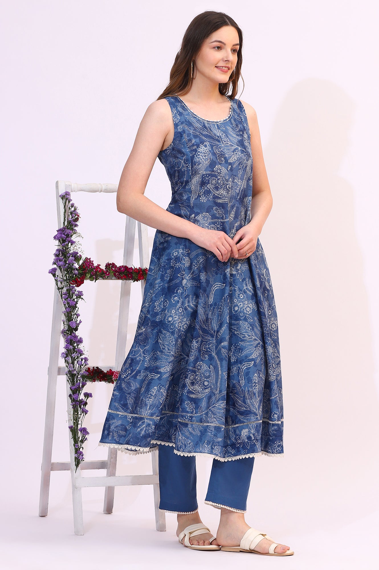 Ink Blue Sleeveless Pure Cotton Anarkali Kurta and Pants Set with Dupatta