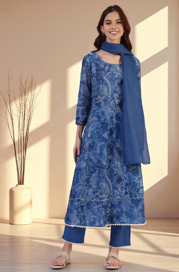 Floral Printed Thread Work Flared Pure Cotton Kurta & Flared Pants with Dupatta Set