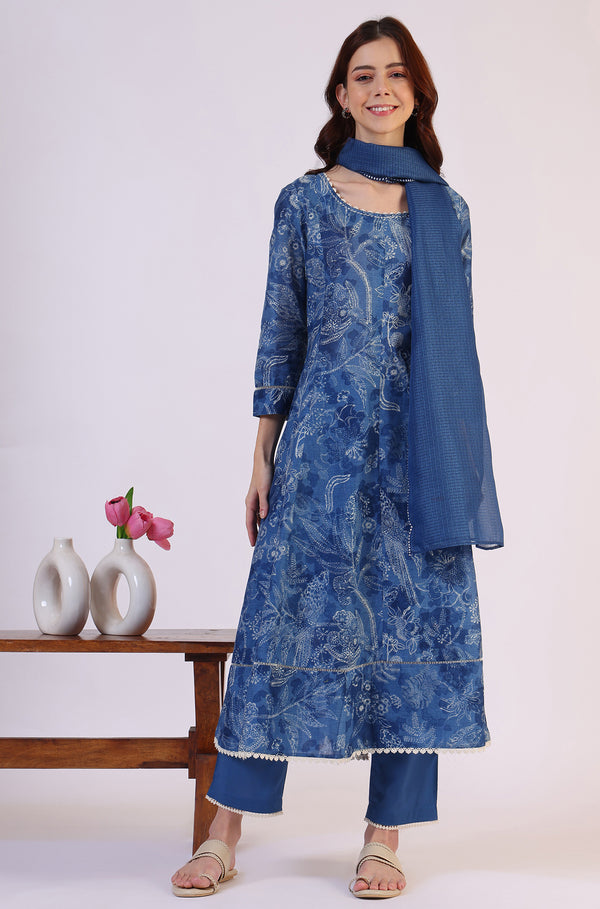 Floral Printed Thread Work Flared Pure Cotton Kurta & Flared Pants with Dupatta Set