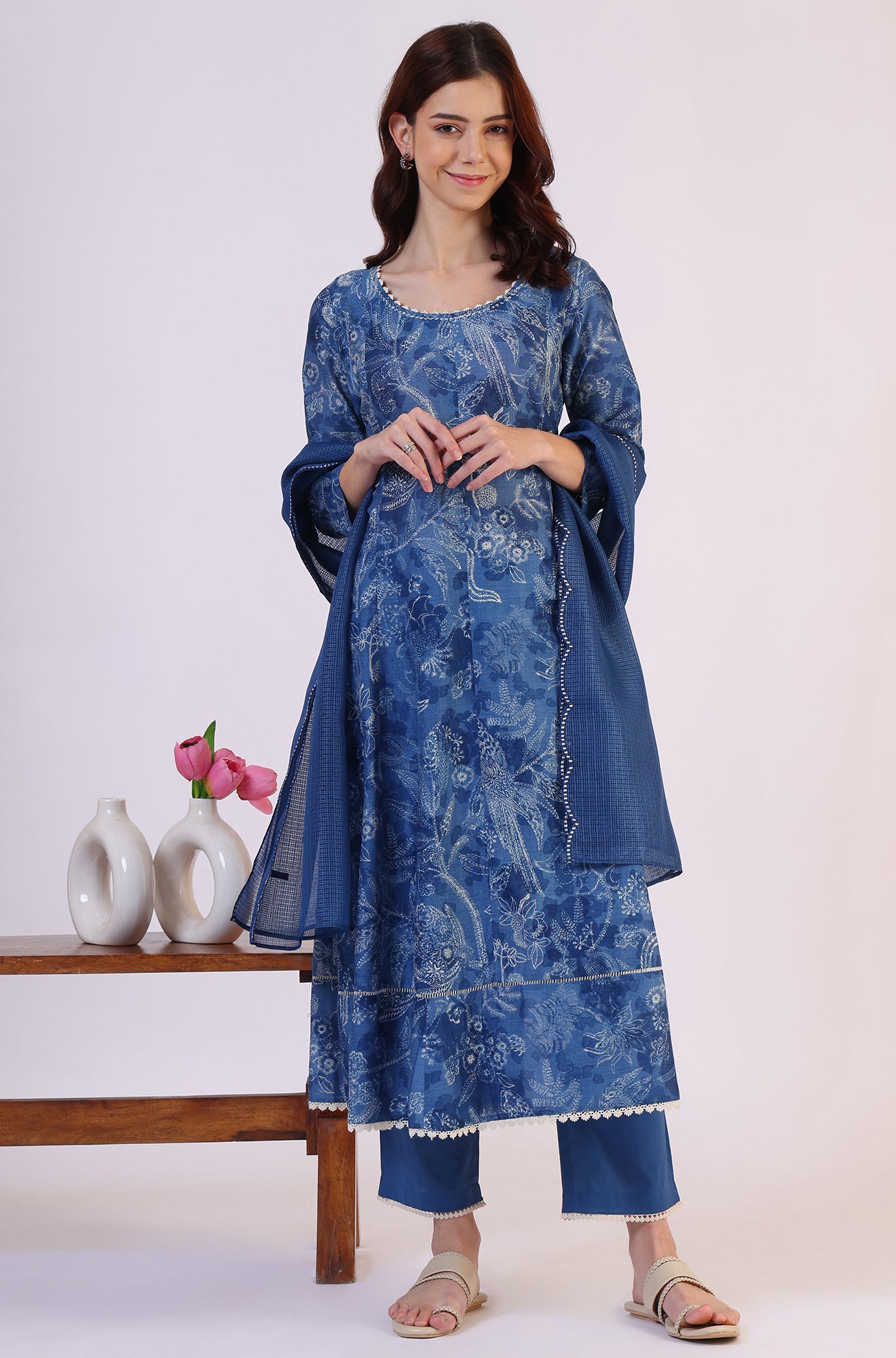 Floral Printed Thread Work Flared Pure Cotton Kurta &amp; Flared Pants with Dupatta Set