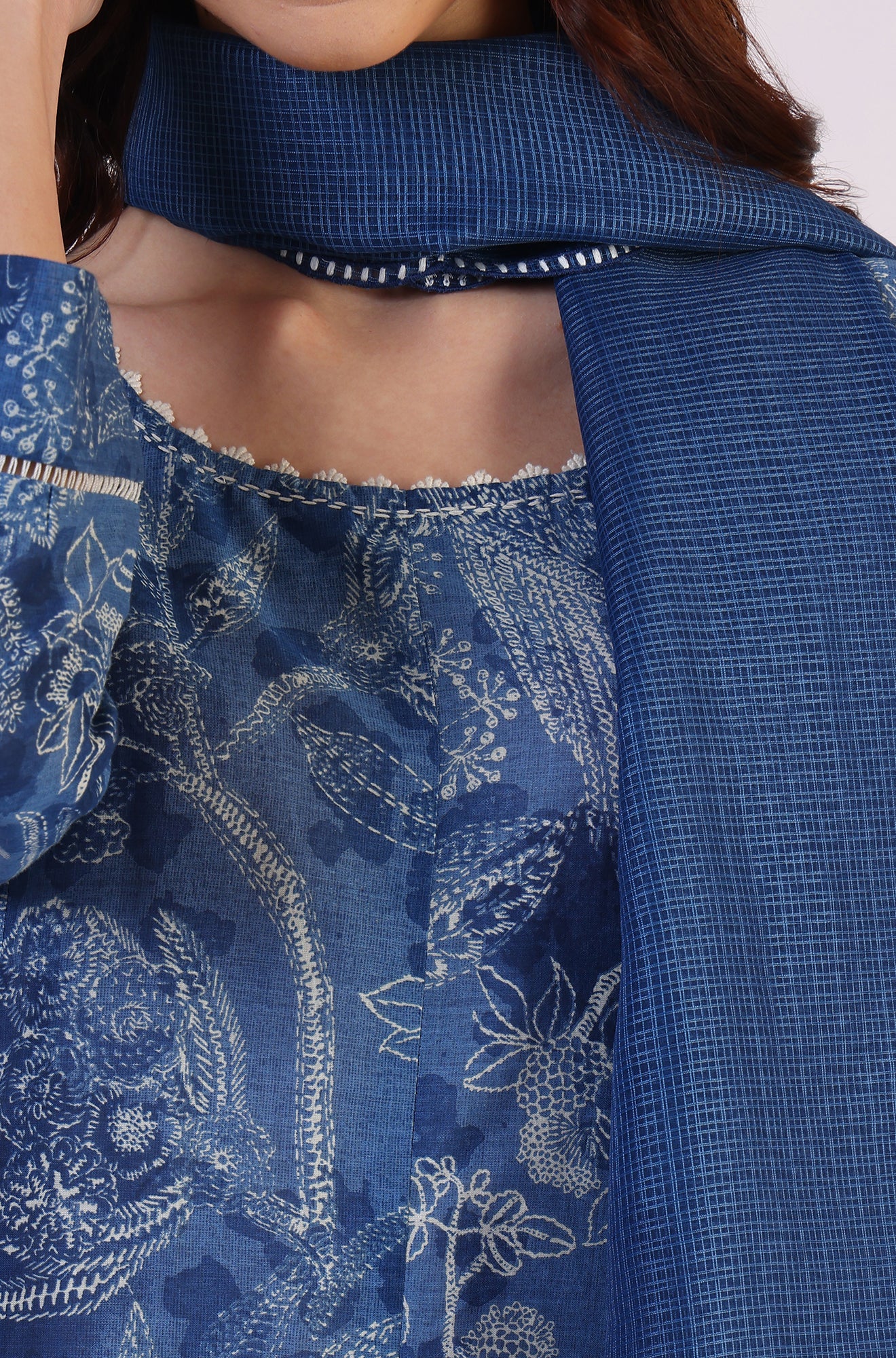 Floral Printed Thread Work Flared Pure Cotton Kurta &amp; Flared Pants with Dupatta Set