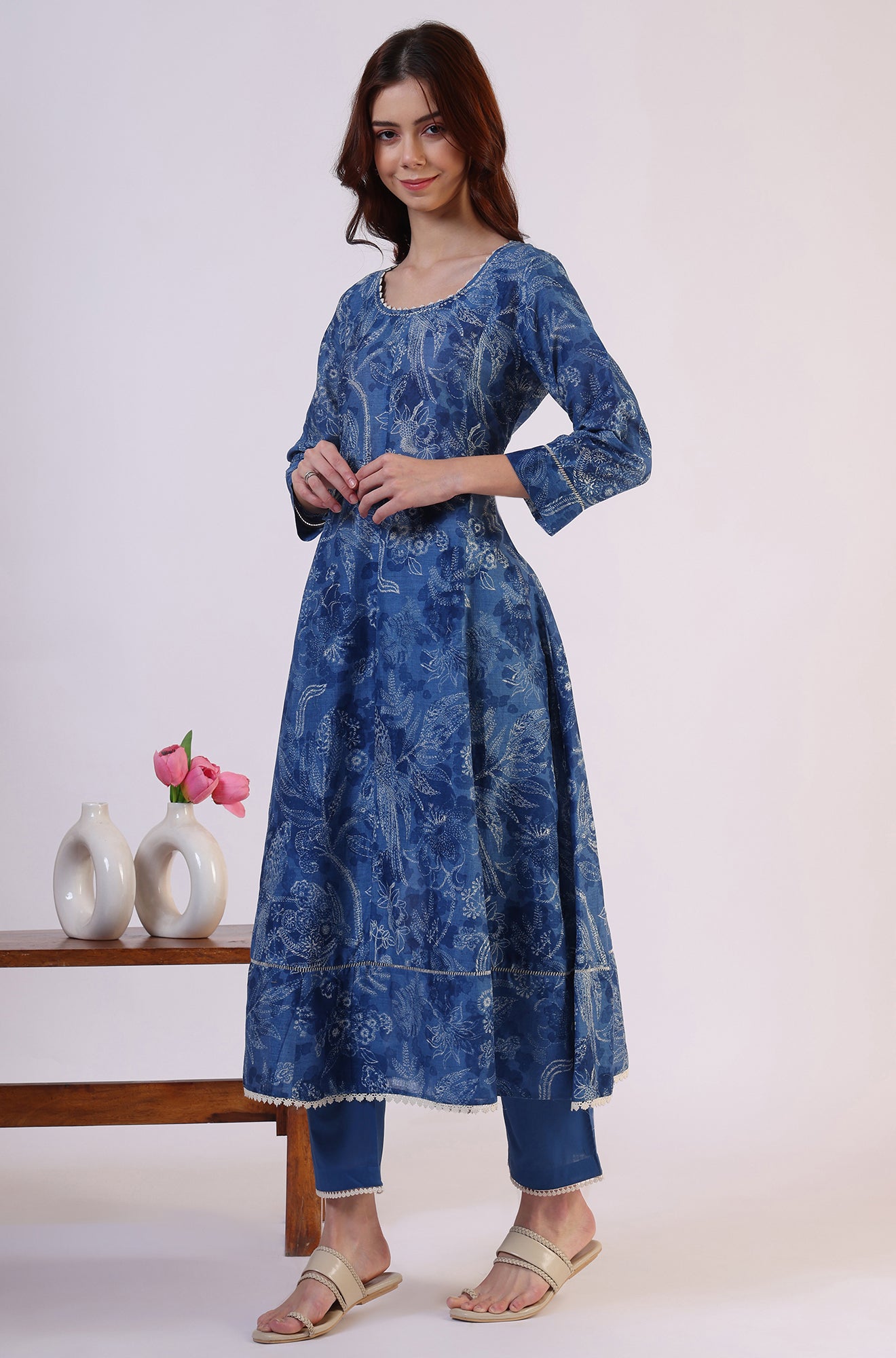 Floral Printed Thread Work Flared Pure Cotton Kurta &amp; Flared Pants with Dupatta Set