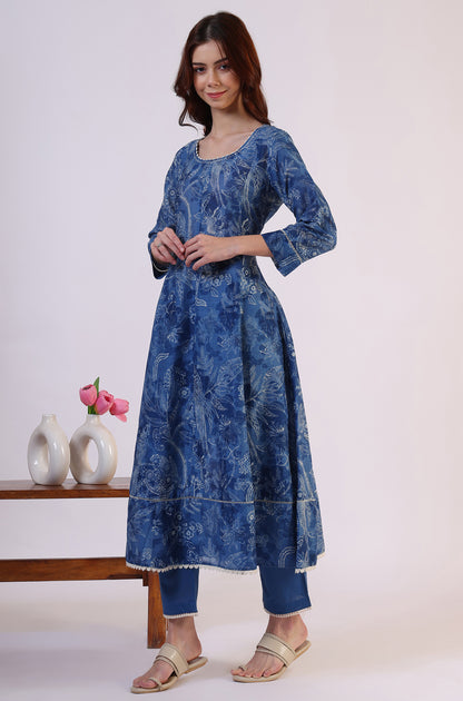 Floral Printed Thread Work Flared Pure Cotton Kurta &amp; Flared Pants with Dupatta Set