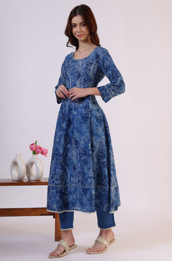 Floral Printed Thread Work Flared Pure Cotton Kurta & Flared Pants with Dupatta Set