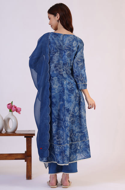 Floral Printed Thread Work Flared Pure Cotton Kurta &amp; Flared Pants with Dupatta Set
