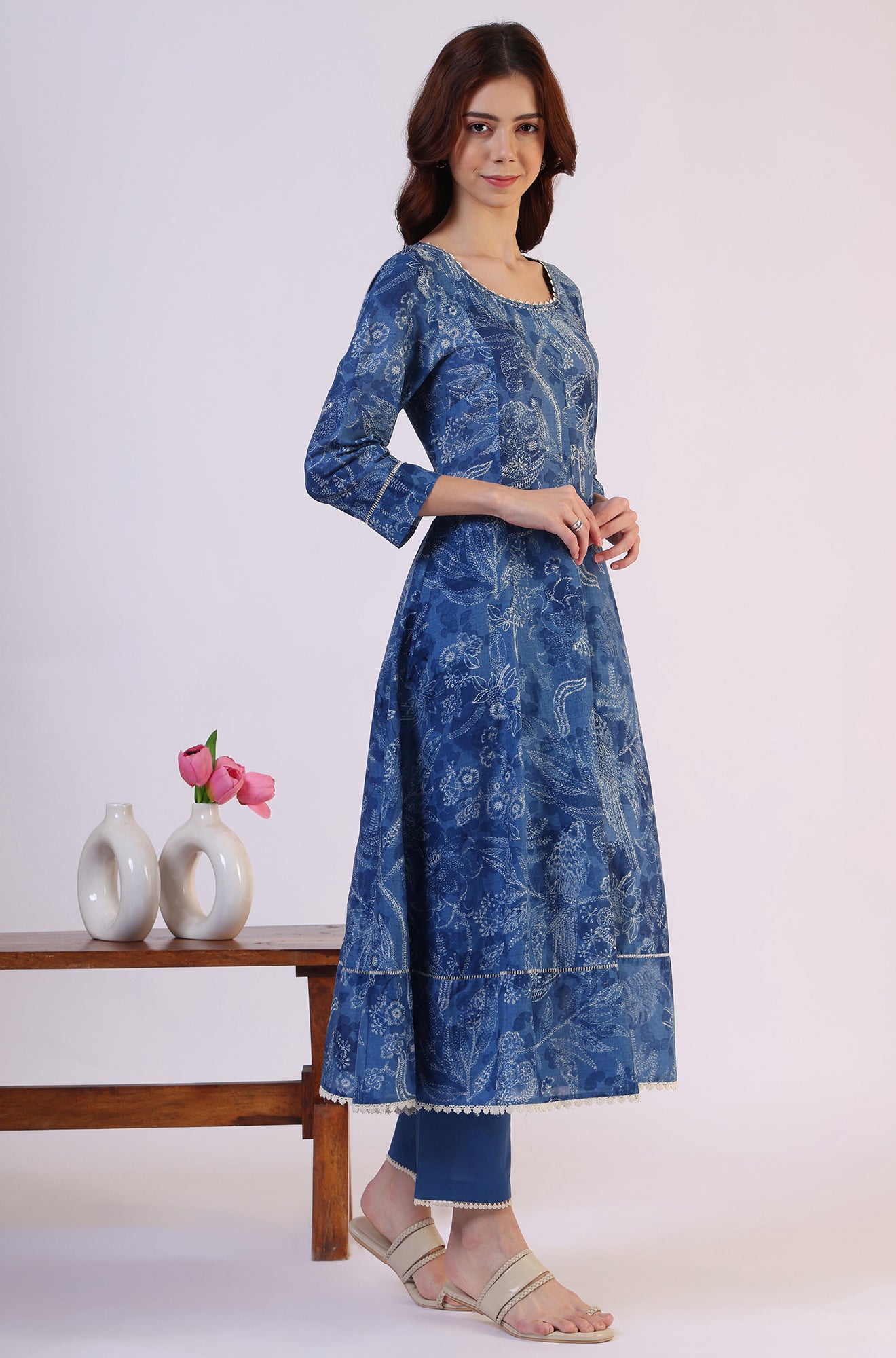 Floral Printed Thread Work Flared Pure Cotton Kurta &amp; Flared Pants with Dupatta Set