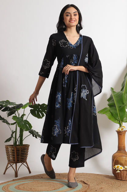 Black Floral Printed Pure Cotton Kurta, Pants and Embroidered Dupatta Set