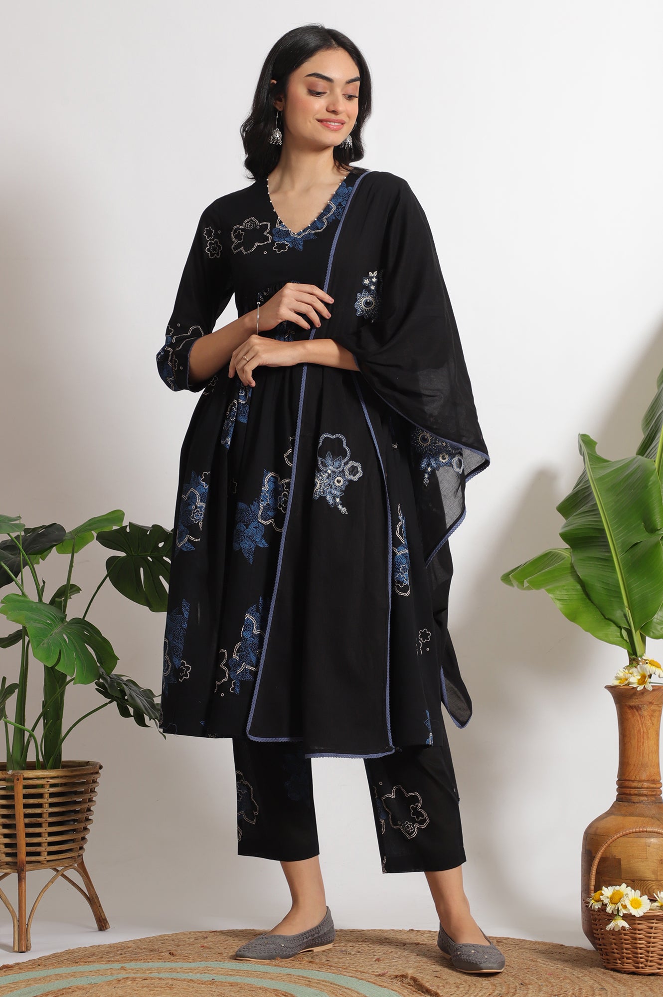Black Floral Printed Pure Cotton Kurta, Pants and Embroidered Dupatta Set