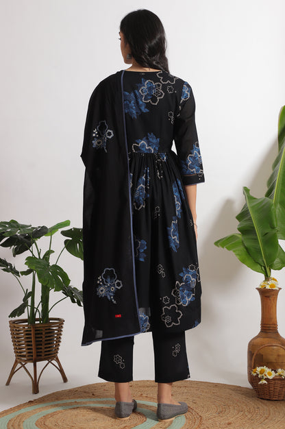 Black Floral Printed Pure Cotton Kurta, Pants and Embroidered Dupatta Set