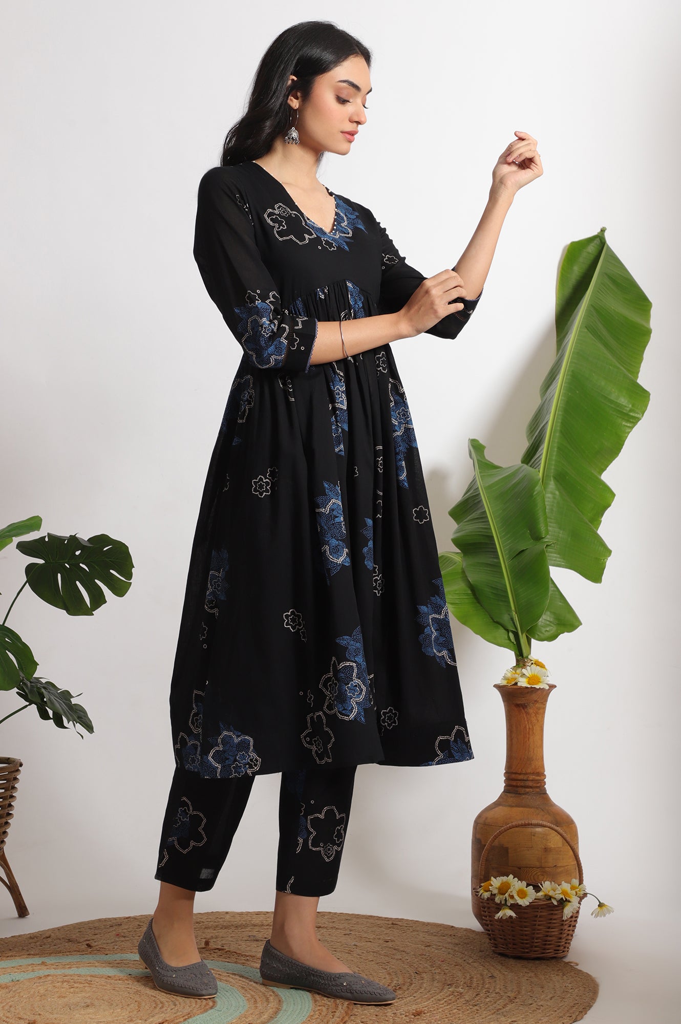 Black Floral Printed Pure Cotton Kurta, Pants and Embroidered Dupatta Set