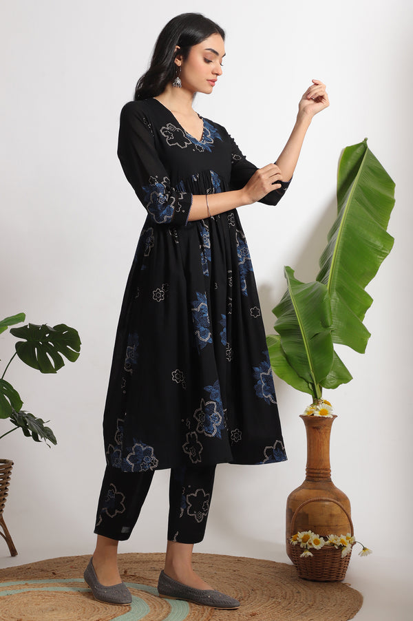 Black Floral Printed Pure Cotton Kurta, Pants and Embroidered Dupatta Set