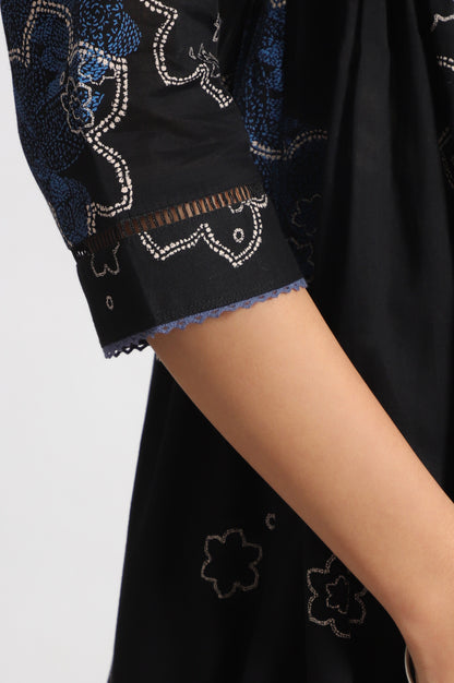 Black Floral Printed Pure Cotton Kurta, Pants and Embroidered Dupatta Set