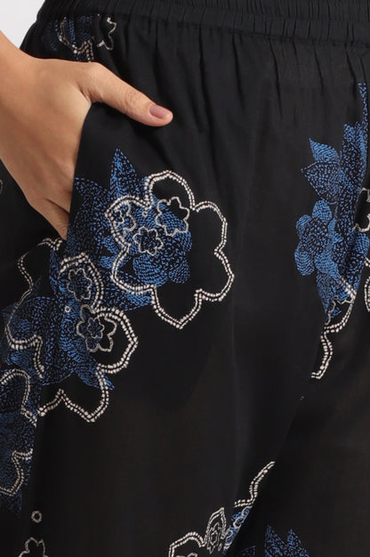 Black Floral Printed Pure Cotton Kurta, Pants and Embroidered Dupatta Set