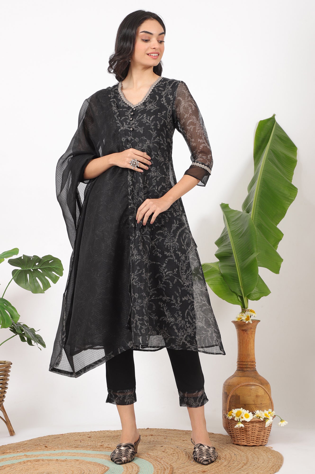 Black Floral Printed Kota A-line Kurta, Pants and Dupatta Set