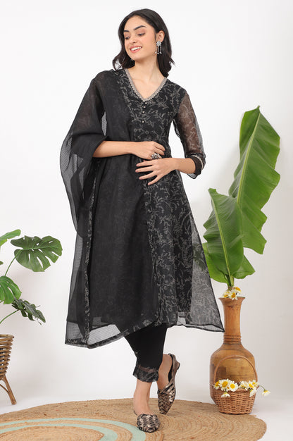 Black Floral Printed Kota A-line Kurta, Pants and Dupatta Set