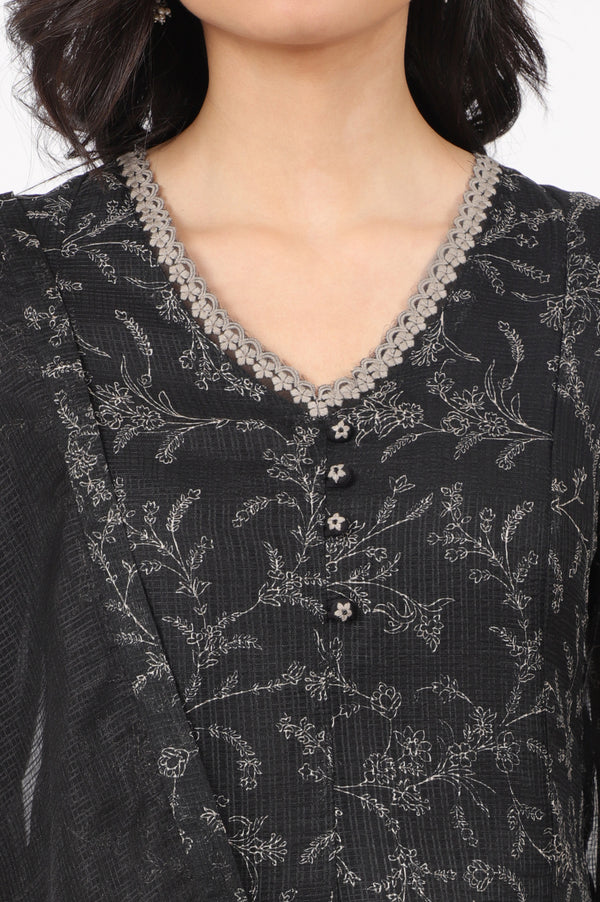 Black Floral Printed Kota A-line Kurta, Pants and Dupatta Set