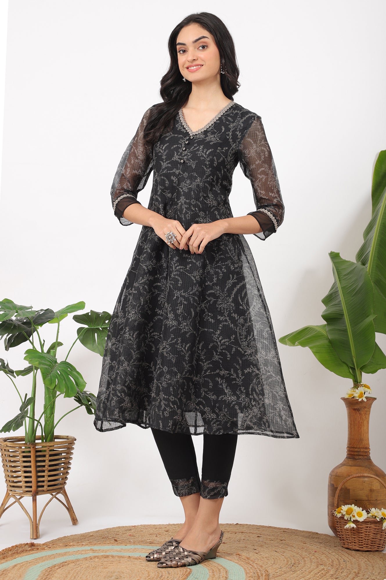 Black Floral Printed Kota A-line Kurta, Pants and Dupatta Set