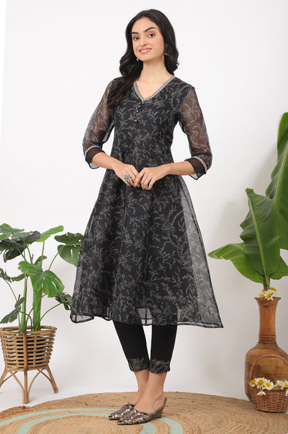 Black Floral Printed Kota A-line Kurta, Pants and Dupatta Set