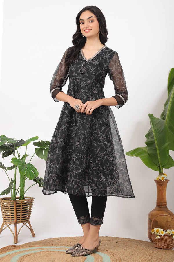 Black Floral Printed Kota A-line Kurta, Pants and Dupatta Set
