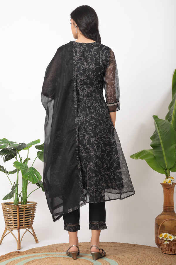 Black Floral Printed Kota A-line Kurta, Pants and Dupatta Set